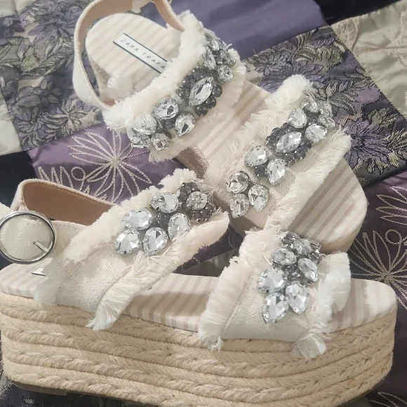 Zara Trafaluc Frayed Rhinestone Platform Sandals - Picture 1 of 8